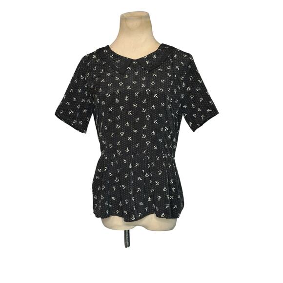 Forever 21 black white anchor print short sleeves blouse size medium - Picture 9 of 13